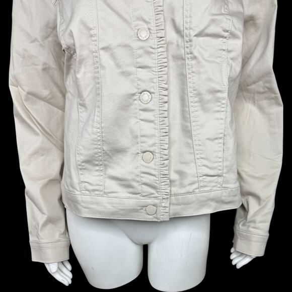 Belle by Kim Gravel Stretch Denim Femme Flutter Ruffle Jacket Sand Bar Medium - Picture 3 of 13